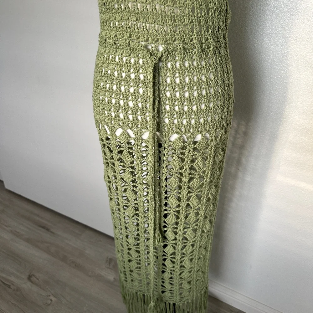Lulu's Endless Waves Sage Green Crochet Fringe Midi Swim Cover-Up - Picture 4 of 11